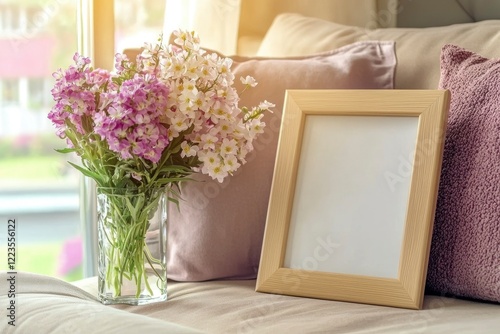 Pink and white flowers in vase near wooden frame