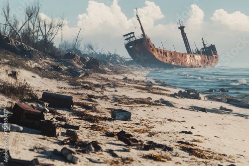 A desolate beach shows the aftermath of an apocalyptic event, featuring a rusted shipwreck slowly succumbing to the shore and debris scattered across the sandy landscape photo