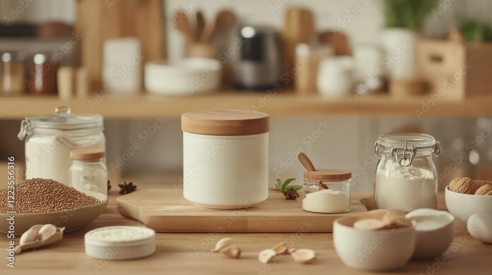 Cozy kitchen with ingredients in glass jars and jars with wooden lids Cozy kitchen with ingredients in glass jars and jars with wooden lids