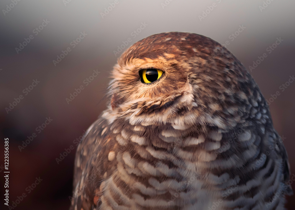 Fototapeta premium Portrait of an owl looking at the sunset. The background is blurred and in soft tones. The owl is on its side, showing half of its body.
