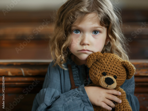 Sad little girl child sitting in court room during a custody session holding a teddy bear 