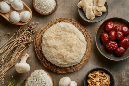 Raw salanganes nest on circular plates red reishi mushroom and jujube against a brown backdrop Ingredients for high quality bird s nest distillation Overhead v photo