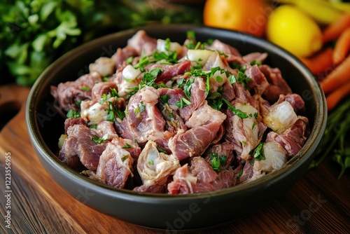 Ready to cook beef tripe with vegetables and herbs in a bowl photo