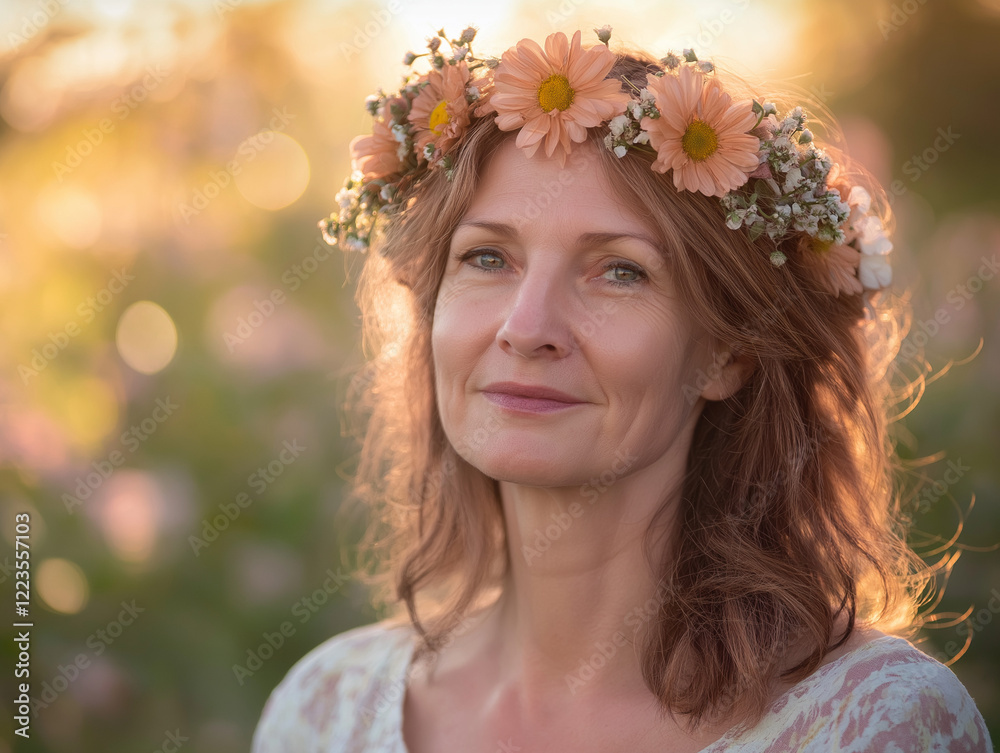 Obraz premium Woman with floral crown in warm sunset light outdoors.