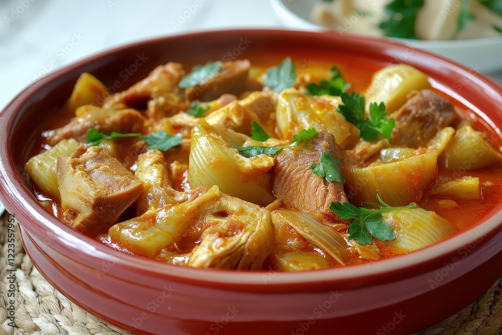 Spanish tripe stew featuring pork or beef with room for text Spanish tripe stew featuring pork or beef with room for text