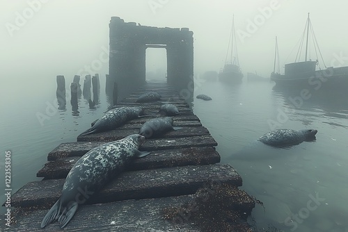 Artistic rendering a group seals lazing on a foggy dock, undisturbed by the distant boats