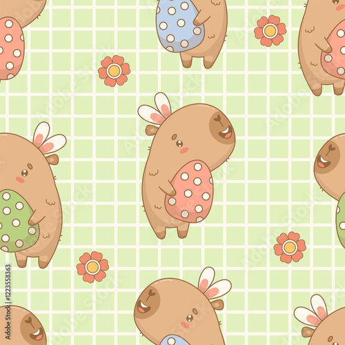 Easter Seamless pattern. Funny capybara in bunny ears with paschal polka dots egg on green checkered background with flowers. Holiday kawaii character. Vector illustration