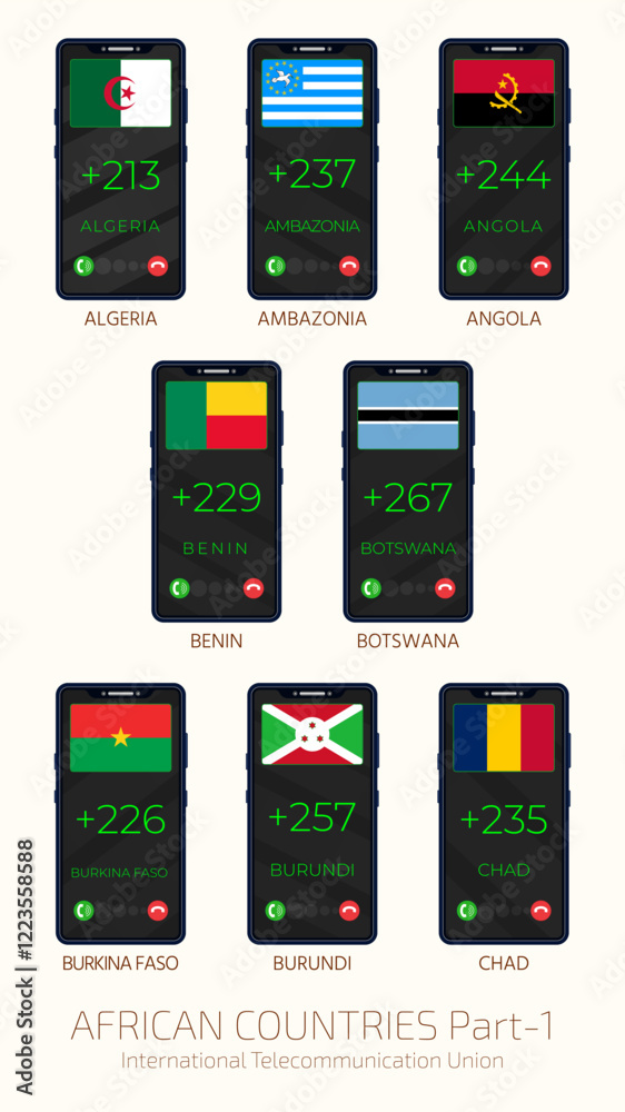 Set of vector illustrations of international country codes and flags of African countries. Part 1.
Set of vector illustrations of international country codes and flags of African countries. Part 1.