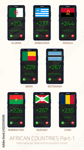 Set of vector illustrations of international country codes and flags of African countries. Part 1.
