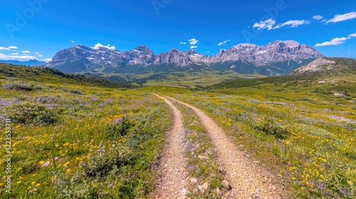 Mountain meadow path, wildflowers, sunny day, scenic view, travel photography