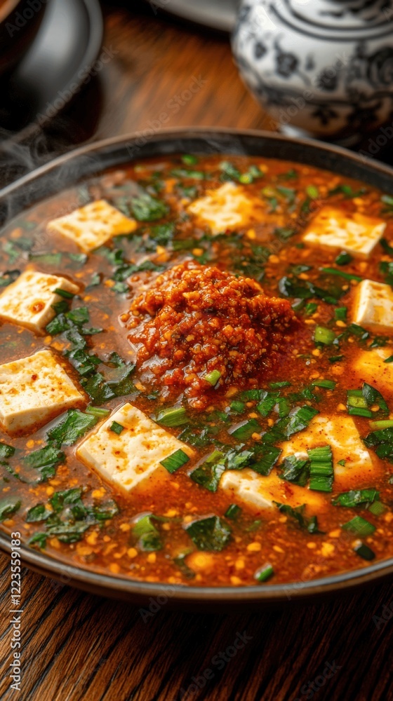 Authentic Spicy Mapo Tofu in Bowl with Chopped Green Onions and Fermented Chili Sauce - Traditional Chinese Sichuan Cuisine with Tofu and Savory Broth Authentic Spicy Mapo Tofu in Bowl with Chopped Green Onions and Fermented Chili Sauce - Traditional Chinese Sichuan Cuisine with Tofu and Savory Broth