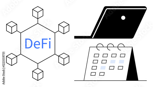 Hexagonal blockchain structure labeled DeFi, laptop, and calendar signify planning for decentralized finance development. Ideal for finance, blockchain, innovation, technology meetings, scheduling