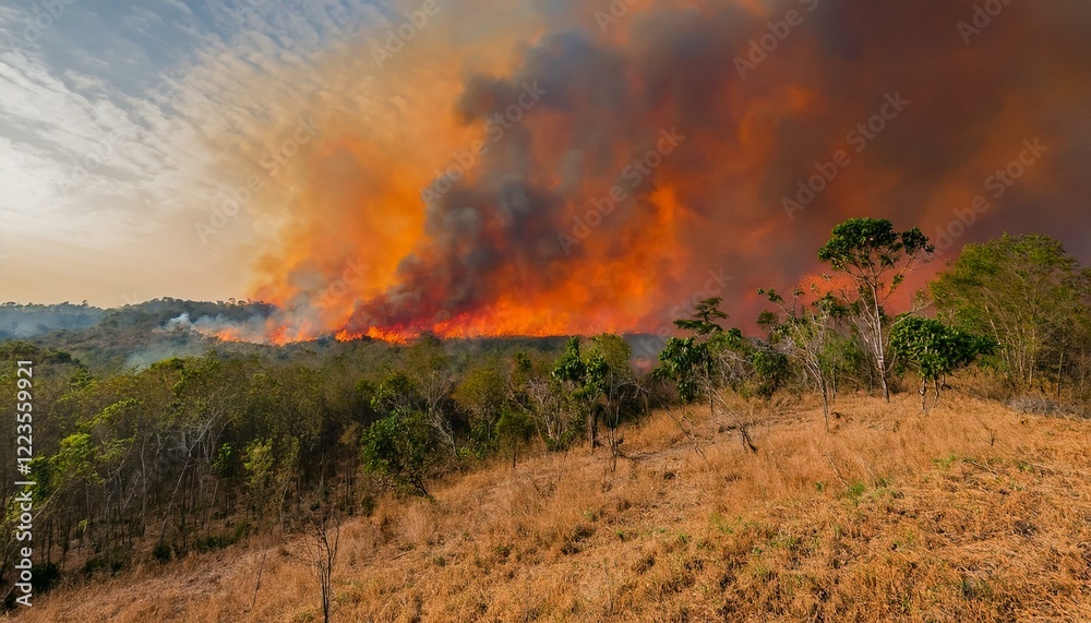 Obraz premium 산불이 숲을 태우며 번지는 장면, 하늘은 붉은색과 검은색으로 물들어 있고, 연기가 공중에 가득함