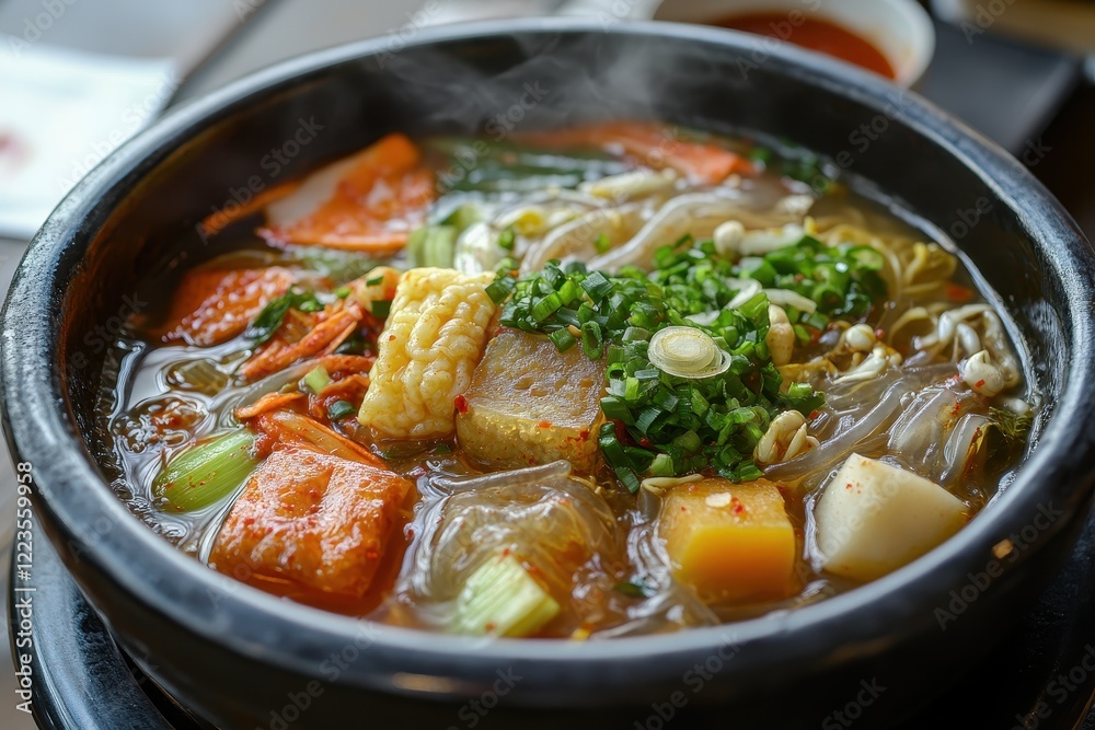 Detailed view of Japchae featuring glass noodles fish cake and assorted vegetables on a ceramic plate South Korea Detailed view of Japchae featuring glass noodles fish cake and assorted vegetables on a ceramic plate South Korea