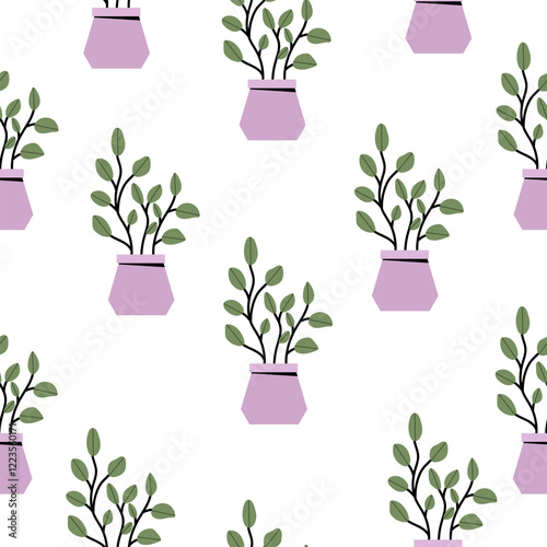 Seamless pattern of houseplants in purple pots with green leaves on a white background