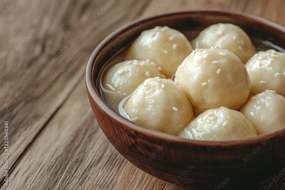 Detailed view of large sesame glutinous rice dumplings in syrup on a wooden table typical for the Winter Solstice celebration Detailed view of large sesame glutinous rice dumplings in syrup on a wooden table typical for the Winter Solstice celebration