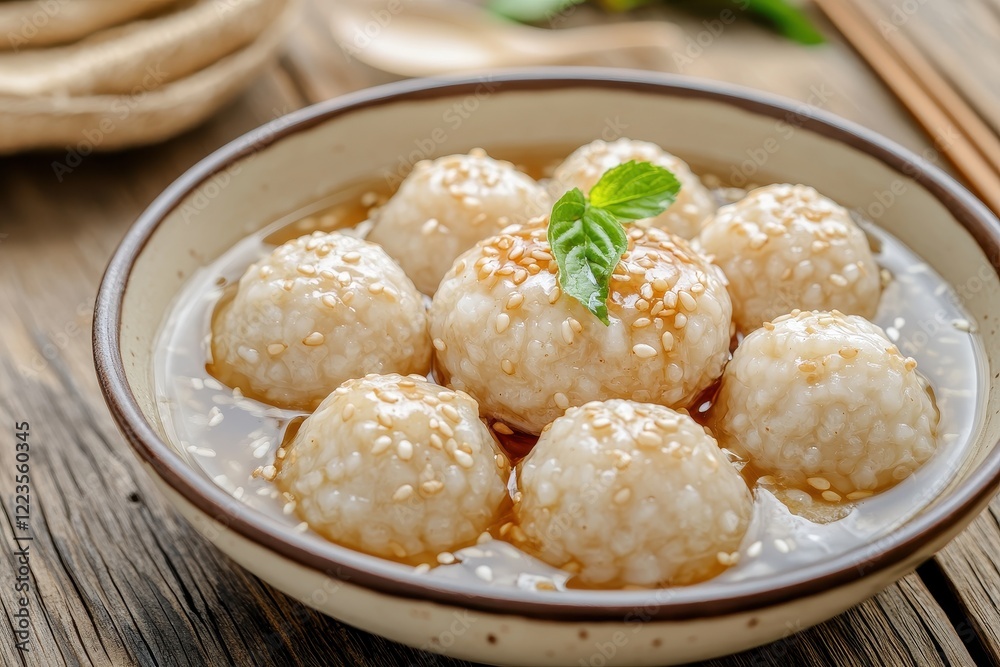 Detailed view of large sesame glutinous rice dumplings in sweet syrup served in a bowl on a wooden table for the Winter Solstice celebration Detailed view of large sesame glutinous rice dumplings in sweet syrup served in a bowl on a wooden table for the Winter Solstice celebration
