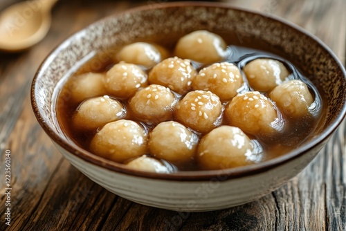 Detailed view of large glutinous rice balls in sweet syrup on a wooden table for the Winter Solstice celebration photo