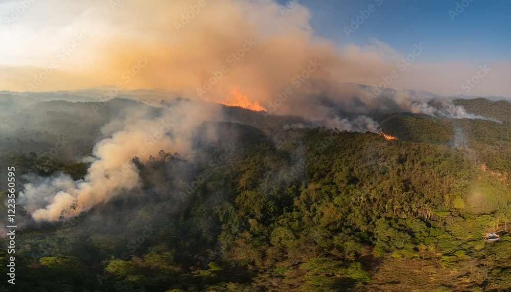 Fototapeta premium 산불이 숲을 태우며 번지는 장면, 하늘은 붉은색과 검은색으로 물들어 있고, 연기가 공중에 가득함