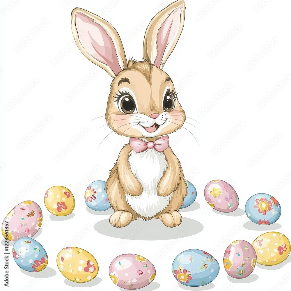 Yellow bunny with a pink bowtie surrounded by a perfect circular arrangement of colorful Easter eggs Yellow bunny with a pink bowtie surrounded by a perfect circular arrangement of colorful Easter eggs