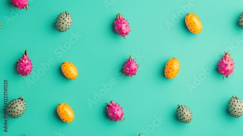 Tropical Fruits Arranged on Turquoise Background photo