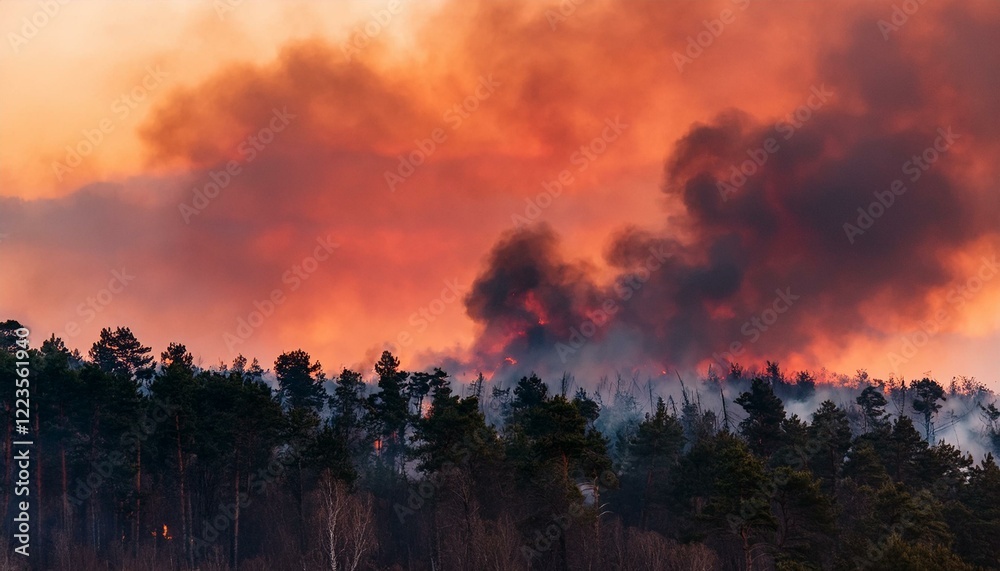 Obraz premium 산불이 숲을 태우며 번지는 장면, 하늘은 붉은색과 검은색으로 물들어 있고, 연기가 공중에 가득함