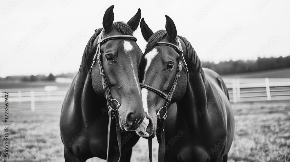 Obraz premium Dynamic Unity: Two Horses Embracing in a Heartfelt Moment of Connection and Playfulness