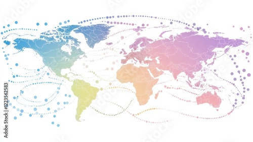 Pastel World Map with Connecting Data Streams