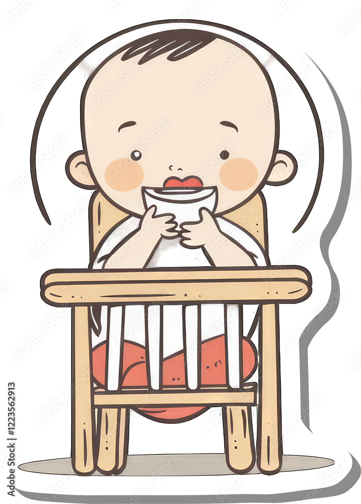 Adorable Baby Sitting Eating From Bowl In High Chair Adorable Baby Sitting Eating From Bowl In High Chair