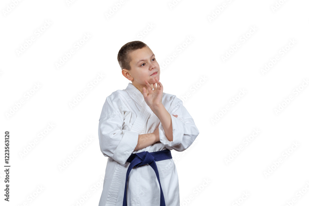 One thoughtful boy athlete with blue belt on white isolated background One thoughtful boy athlete with blue belt on white isolated background