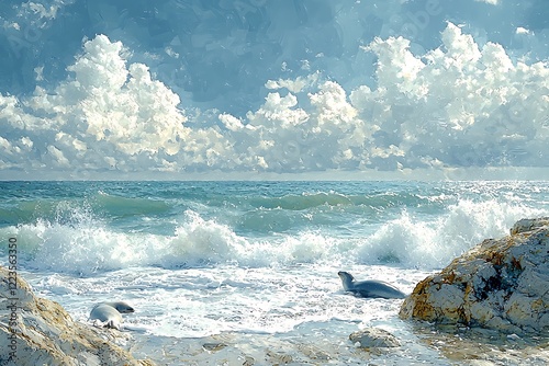 Artistic rendering a group seals sunbathing on a rocky coast, undisturbed by the crashing waves