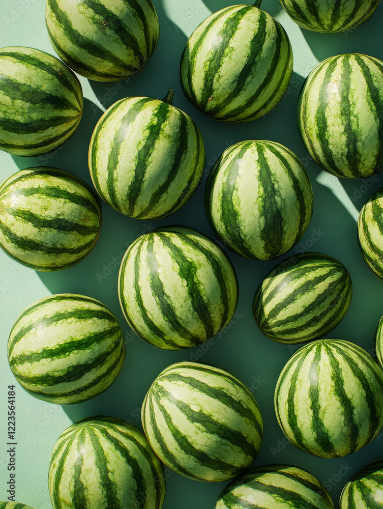 Multiple watermelons on a green background. Multiple watermelons on a green background.