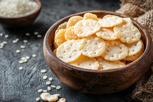 Indonesian rice crisps on a plain background with empty space for text photo