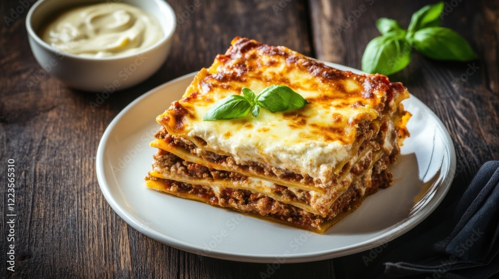 A classic Italian lasagna with layers of rich meat sauce, creamy béchamel, and melted cheese A classic Italian lasagna with layers of rich meat sauce, creamy béchamel, and melted cheese