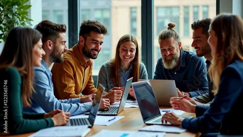A diverse group of professionals working together in a modern office space, focusing on collaboration and teamwork. The setting includes laptops, notepads, and a large glass window with natural light 