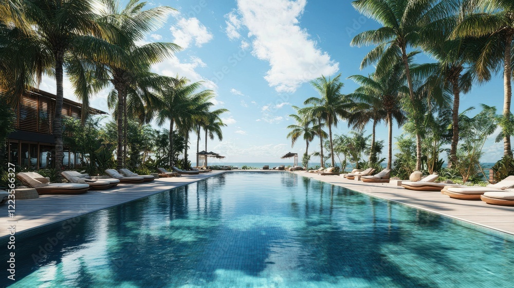 Luxurious tropical resort pool with palms and ocean view under blue sky