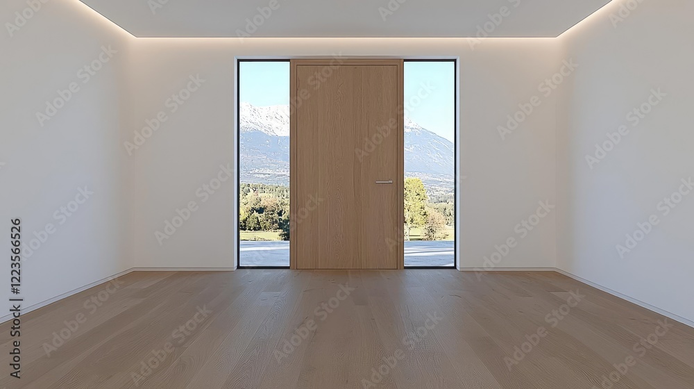 Obraz premium Modern empty room with mountain view, open door to nature. Real estate