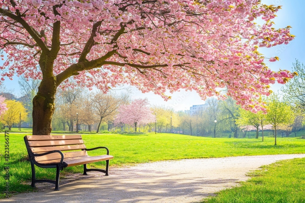 In a tranquil park, a blooming cherry blossom tree displays vibrant pink flowers, creating a picturesque spring setting with a nearby empty bench inviting relaxation In a tranquil park, a blooming cherry blossom tree displays vibrant pink flowers, creating a picturesque spring setting with a nearby empty bench inviting relaxation