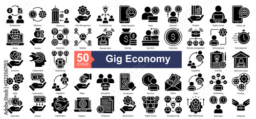 Gig Economy Icon Collection Set.Containing Employment, Efficiency, Outsource, Time management, Crowdsourcing, Virtual Assistant, Work, Gig work icon. Simple glyph style Vector Illustration.