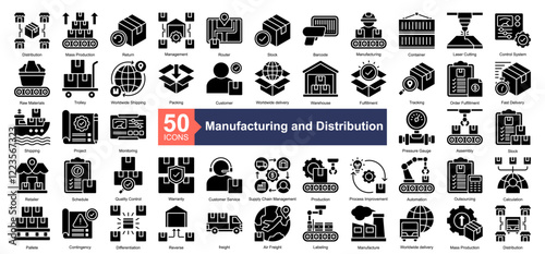 Manufacturing and Distribution Icon Collection Set.Containing Distribution, Mass Production, Return, Management, Router, Stock, Barcode icon. Simple glyph style Vector Illustration.