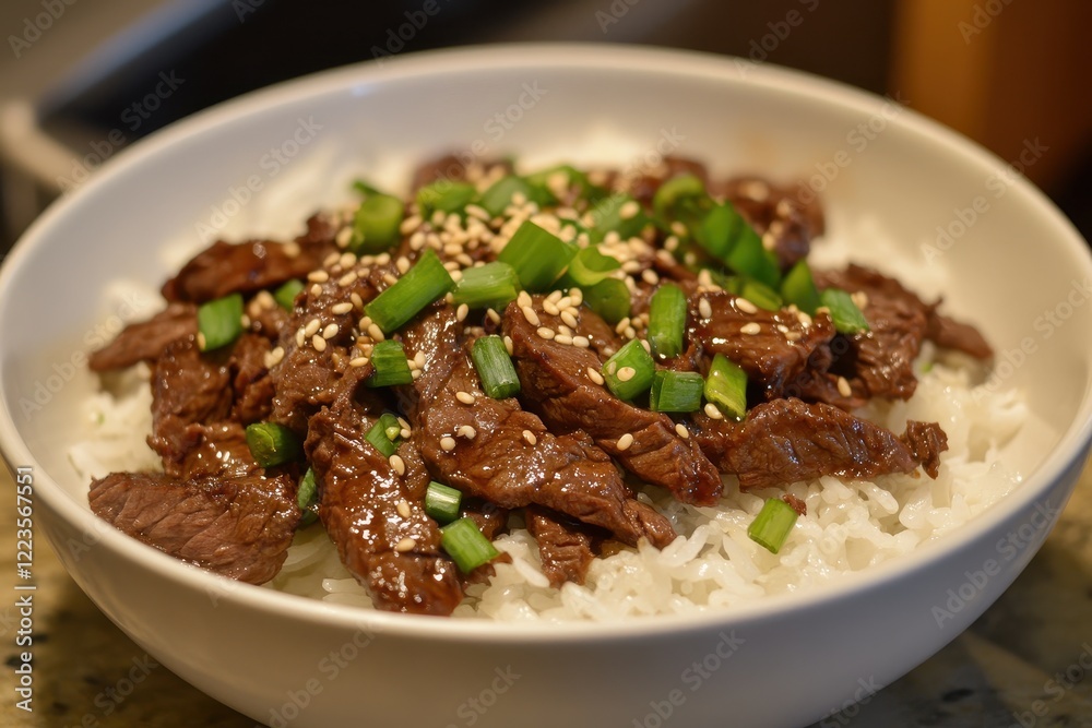 Korean BBQ beef Bulgogi topped with sesame seeds and green onions Korean BBQ beef Bulgogi topped with sesame seeds and green onions
