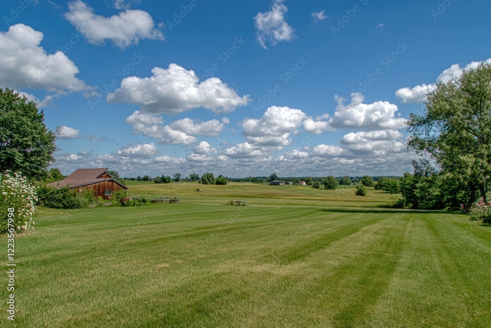 Scenic Summer Panorama of Wisconsin Countryside: Lush Green Fields Under a Vast Blue Sky Scenic Summer Panorama of Wisconsin Countryside: Lush Green Fields Under a Vast Blue Sky