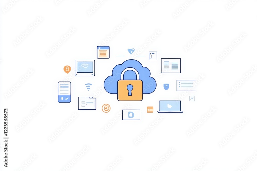 An icon depicting cloud security with an open padlock surrounded by icons for file sharing, document creation, and internal documents Generative AI An icon depicting cloud security with an open padlock surrounded by icons for file sharing, document creation, and internal documents Generative AI