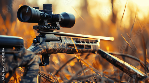 Precision Crossbows with Mounted Scopes Displayed Outdoors in Natural Settings photo