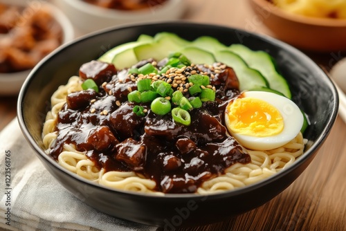 Korean black bean noodle dish with cucumber and boiled egg Jajangmyeon photo