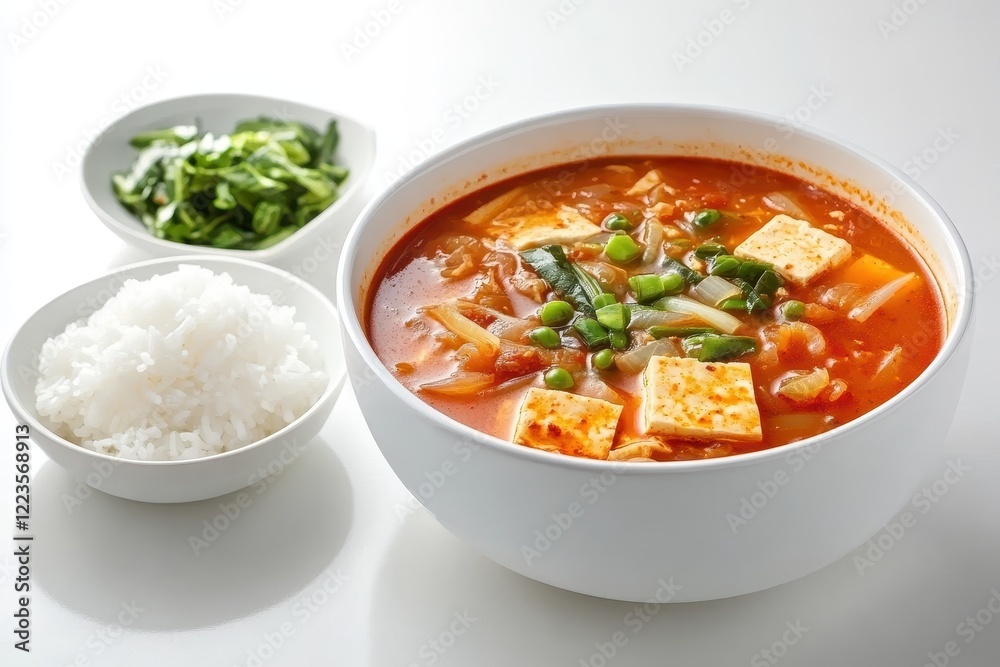 Korean dish hot tofu stew with kimchi served with rice and sides under studio lighting Korean dish hot tofu stew with kimchi served with rice and sides under studio lighting