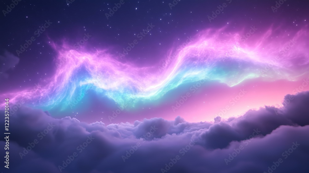 Fototapeta premium Dreamy night sky with colorful aurora borealis and starry clouds landscape