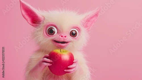 cute furry alien bat holding a fresh apple, studio background