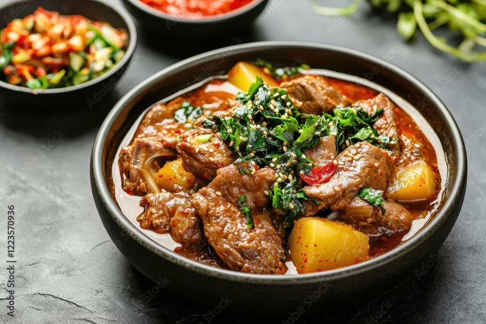 Korean dishes like pork backbone hot pot spicy bulgogi and braised pollack served with vegetables and salads for meals Korean dishes like pork backbone hot pot spicy bulgogi and braised pollack served with vegetables and salads for meals