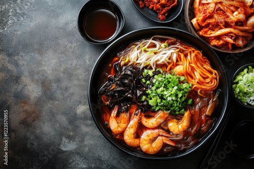 Korean dishes Jajangmyeon sweet bean noodles and Jampong seafood noodles served with kimchi and pickled vegetables photo